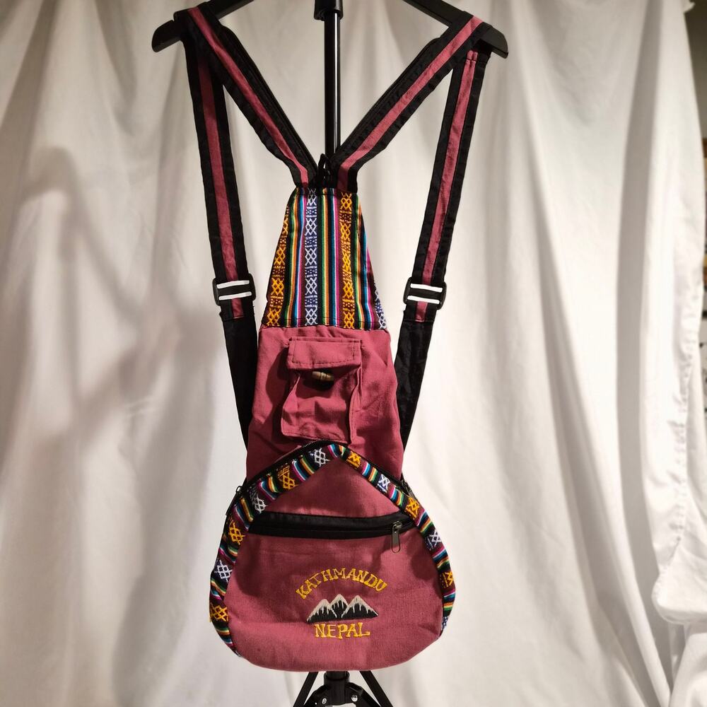 Vintage Kathmandu Nepal Boho Cotton Convertible Sling Backpack - Pink Geri Weave